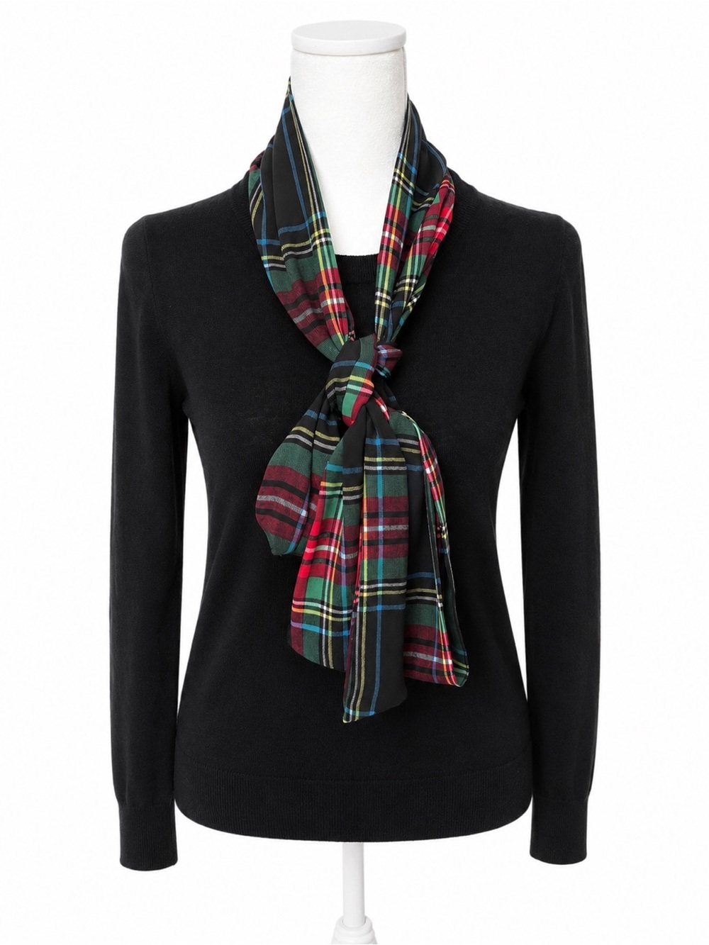 J Crew Black Sweater with Red & Green Plaid Scarf